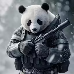 a panda holding a rifle in the snow