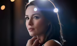 a woman with blue eyes and short hair looking to the side