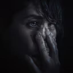 the woman is holding her hands up to her face