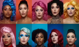 a collage of women wearing multiple different colored wigs