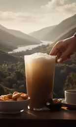 a hand reaches into a drink in front of a mountain landscape