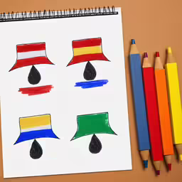 there are colored pencils and some drawings