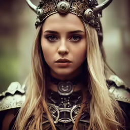 a woman with horned horns is staring ahead