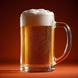 a glass mug filled with beer on an orange background