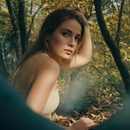 a beautiful woman holding her hair with one hand standing near leaves