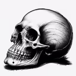 the skull with a shell is depicted in this black and white drawing
