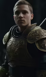 a young man in armor poses for a photo