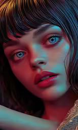 a woman with bright makeup and blue eyes