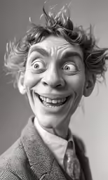 a man smiling while wearing a gray suit