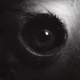 a close - up of the eye and outside of it, appearing to have dew on their eyelashes
