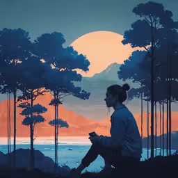 a girl is sitting in the grass outside near a lake,a girl with a ponytail is sitting in a field of trees, looking down at her phone