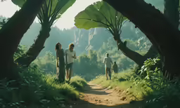 three people walking down a dirt road through lush greenery