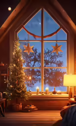 a christmas tree in a loft room next to a window