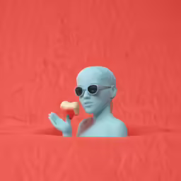 a blue dummy with sunglasses eating a banana
