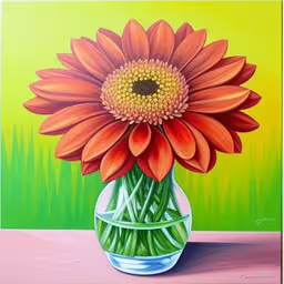 a painting of a big red daisy in a glass vase,oil painting of a bright sunflower in a vase