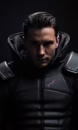 man in black leather costume wearing gloves