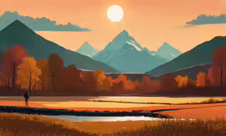 a painting of mountains is shown behind a man,a man standing on a field under a sky