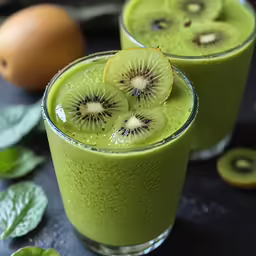 two glasses of green drink with kiwi halves cut in half