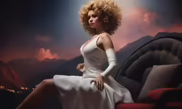 the woman is sitting on a couch wearing a white dress