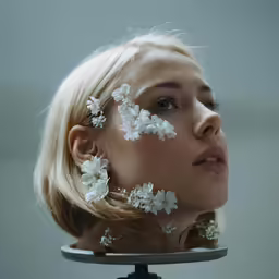 woman in a white blouse staring at a camera with flowers on her face