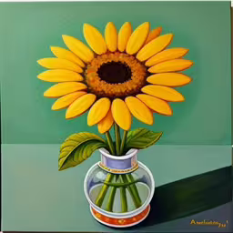 painting of a sunflower in a round vase on a green surface