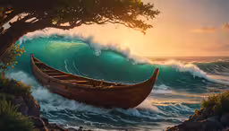 there is a boat that has just got out of the water,painting of the ocean and boat under a tree