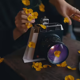 an old camera sitting on a table with petals of yellow flowers scattered around it