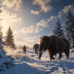 a herd of mammoths standing on a snow covered slope