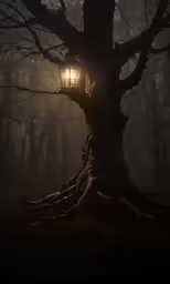 light at end of tree branch with fog in background