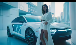 a woman in white stands in front of a white car