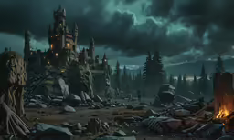 a very creepy looking castle at night in a scary land