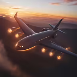 an airplane flying through the sky at dusk