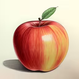 drawing of apple with green leaf on top of red apple,an apple on the table drawing, with color pencil