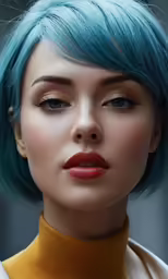 a woman with blue hair and green bangs