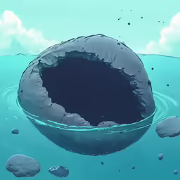 a black oval object floating on the blue water