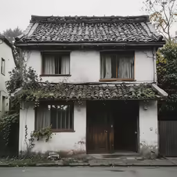 a white house that has ivy on the roof