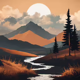 a painting of mountains and a river running through them,a river and trees next to mountains under the rising sun