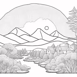 a landscape with mountains, houses and a river,an ink painting with trees and mountains