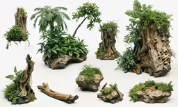 an assortment of plants and stones on white background