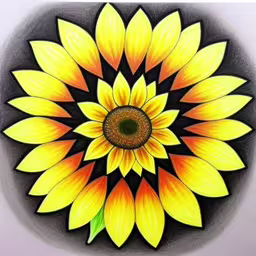 a drawing of a yellow sunflower is on display,a picture of a big yellow flower on a black plate