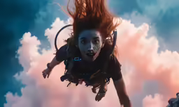 a man in a scuba suit floating in the sky