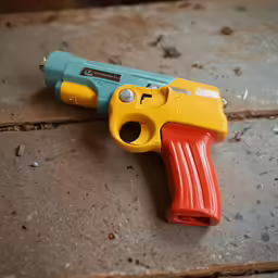 a yellow and blue toy gun on a tile floor