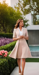 a woman walking down a sidewalk with a pink dress