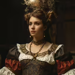 a woman dressed in renaissance costume stares off to the side