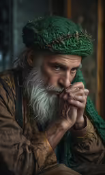 a close up of a man with a green hat