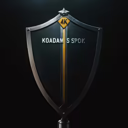 a shield with a fork and logo on it