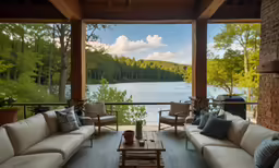 a couch, chairs, table and coffee table are set on a screened porch