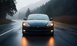 an electric vehicle driving down a road on a foggy day