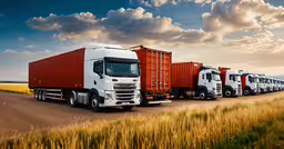 a group of semi - trucks are parked on a highway,several semi trucks are lined up on the side of the road