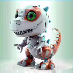 an animated toy in white and orange colors,a small robot type dragon standing on it